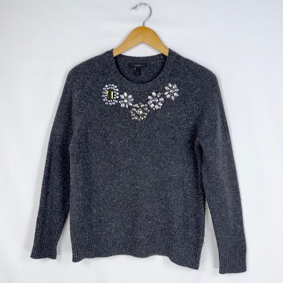 J Crew Women's Preppy Bejeweled Lambswool Blend Sweater Small Gray - Picture 2 of 13